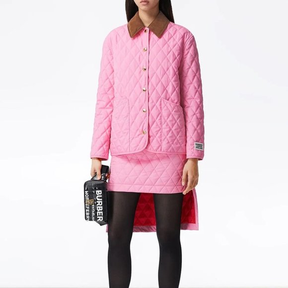 BURBERRY Diamond quilted jacket XS BUBBLE GUM Pink brown corduroy collar 🌟 HP - Picture 2 of 16
